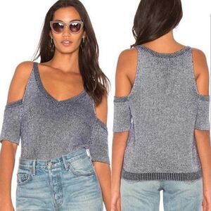 NEW! Splendid Blue Marled Cold Shoulder V Neck Short Sleeve wool blend sweater M